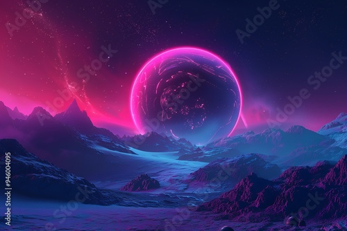 A vibrant, surreal landscape featuring a large glowing planet and mountainous terrain.