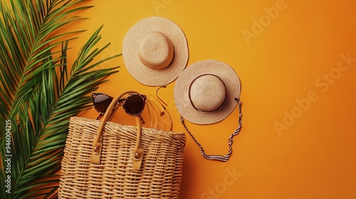 Stylish Beach Essentials Flat Lay Composition with Wicker Bag photo