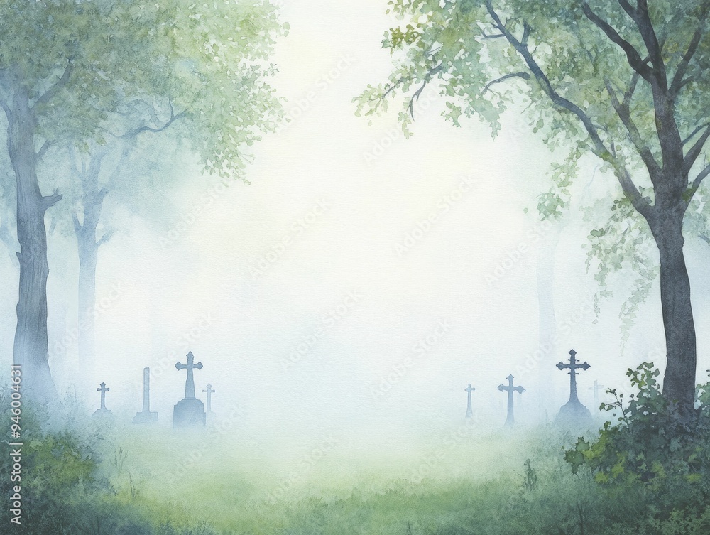 Φωτογραφία A ghostly cemetery cloaked in mist reveals eerie whispers, captured beautifully in vibrant watercolor strokes