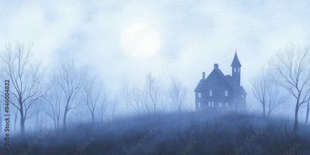 A Haunted Mansion Scene Filled With Secrets and Shadows in Detailed Watercolor A Haunted Mansion Scene Filled With Secrets and Shadows in Detailed Watercolor