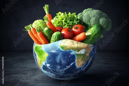 A collection of vegetables such as carrots, cucumbers, and broccoli, arranged in a bowl that resembles the Earth, emphasizing global agriculture and nutrition. photo