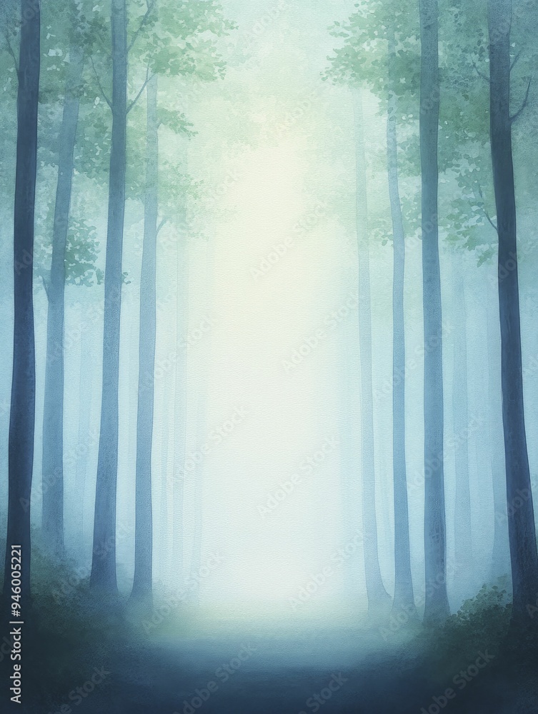 Fototapeta premium A captivating radiance spills from an ancient woodland, creating an enchanting atmosphere in a surreal watercolor landscape.