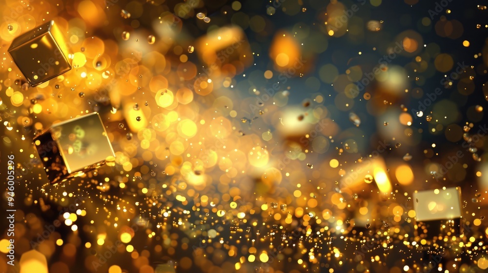 Obraz premium Gold blurry defocused sparkle glitter gold bokeh background wallpaper with copy space. Gold Christmas glitter design background. Magic artistic shiny golden circle bokeh.