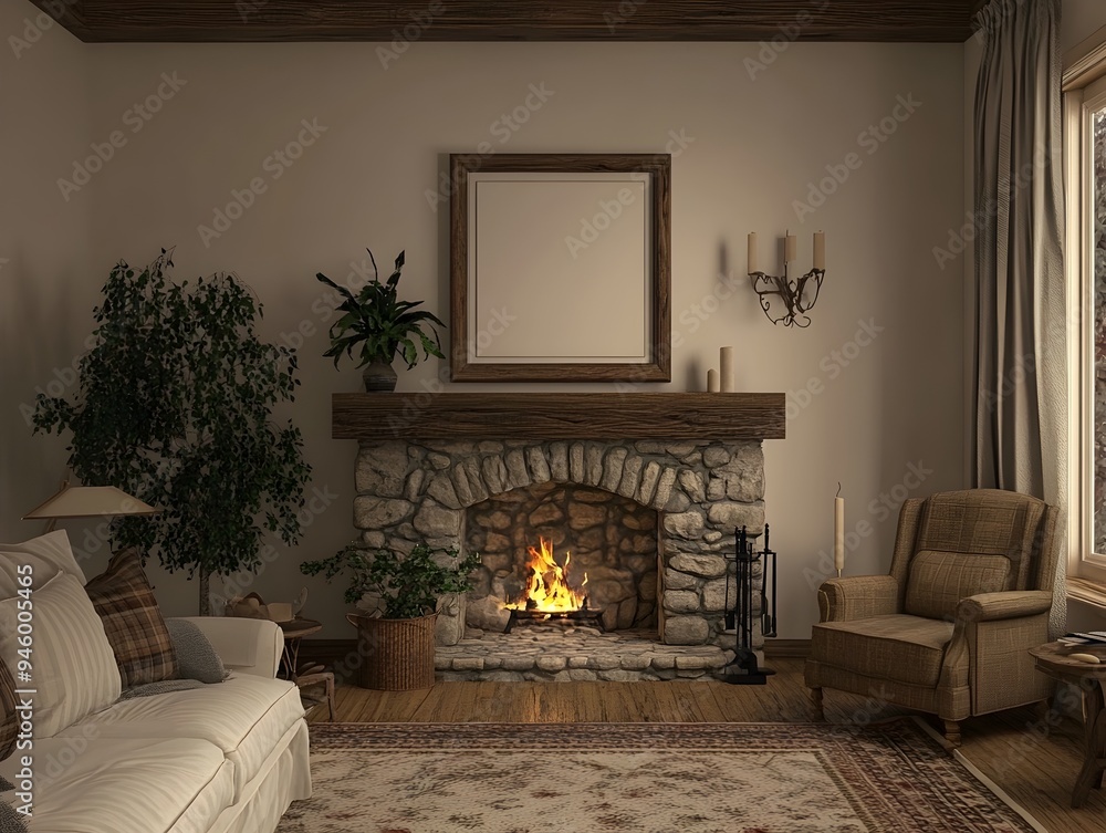 Fototapeta premium Cozy and Charming Farmhouse Inspired 3D Rendered Living Room with Frame Mockup Accent Pieces Stone Fireplace and a Touch of Vintage Decor