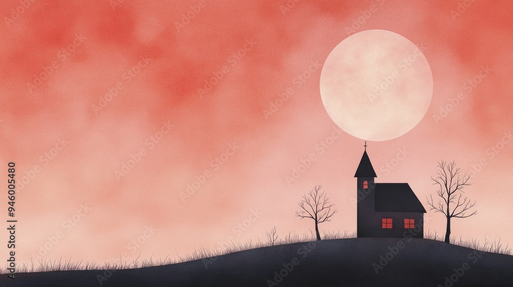 A haunting house silhouette looms beneath a crimson moon, all captured in a vivid watercolor landscape that evokes an eerie charm. A haunting house silhouette looms beneath a crimson moon, all captured in a vivid watercolor landscape that evokes an eerie charm.