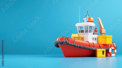 Red and White Tugboat with Crane on Blue Background