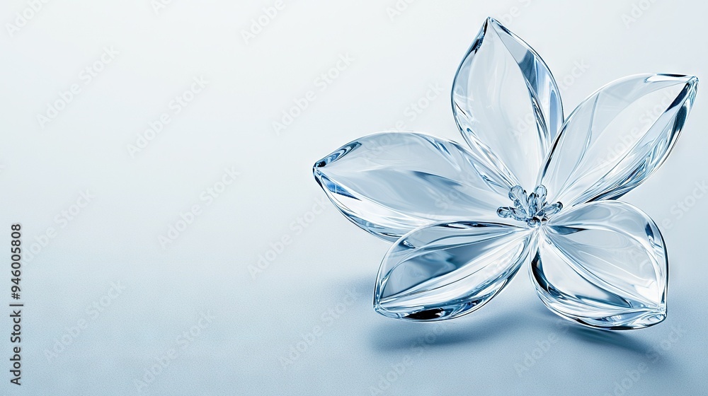 A white and light blue background features a reflective crystal flower shape A white and light blue background features a reflective crystal flower shape