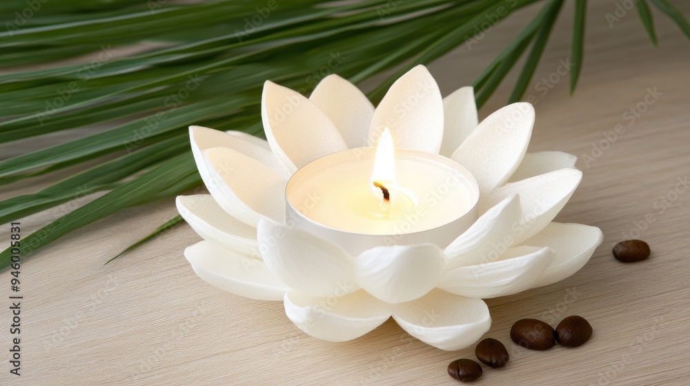 A lotus flower candle illuminates a wooden table as sunlight filters through a botanical garden, creating a peaceful atmosphere ideal for meditation and yoga practice A lotus flower candle illuminates a wooden table as sunlight filters through a botanical garden, creating a peaceful atmosphere ideal for meditation and yoga practice