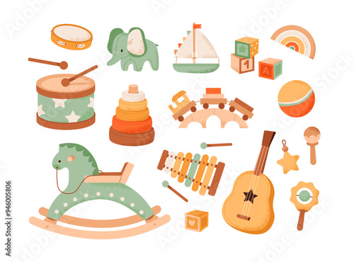 Gender neutral toys set. Cute wooden and soft toys for baby. Flat vector illustration