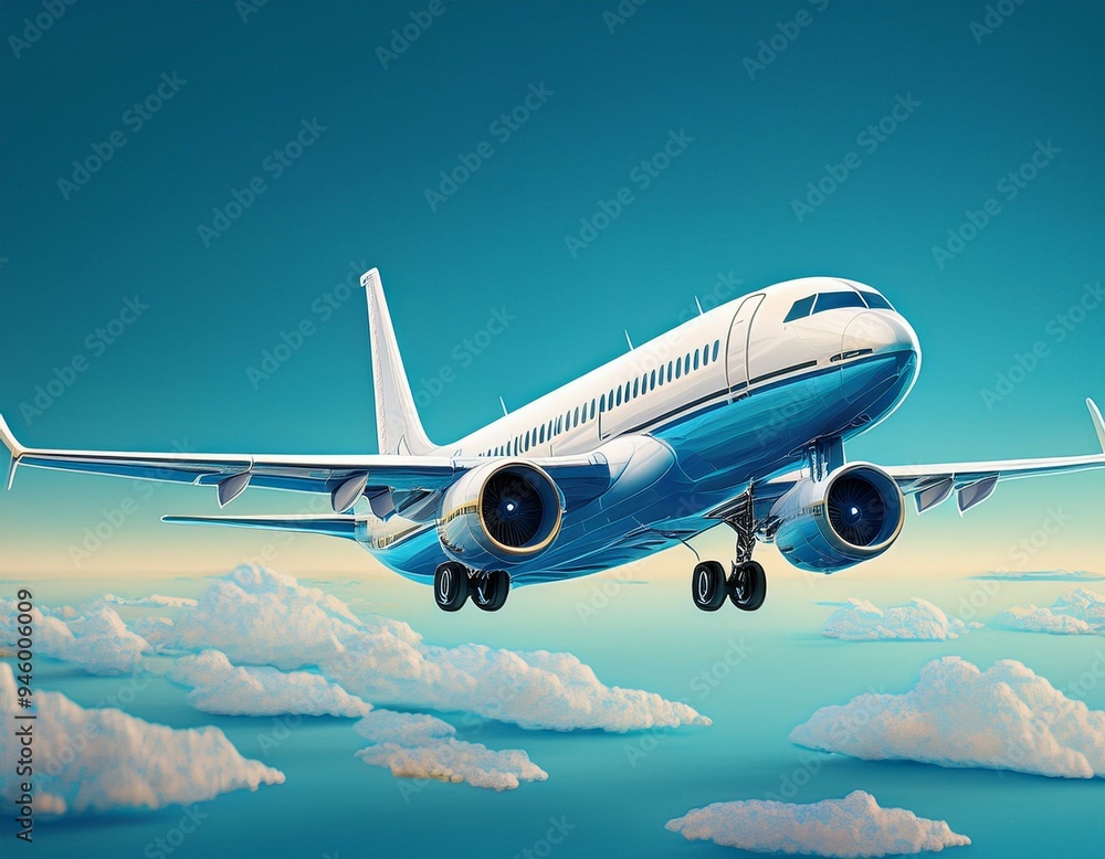 Commercial plane isolated on blue background, white aircraft, Twin-engine jet aircraft, Generative AI Commercial plane isolated on blue background, white aircraft, Twin-engine jet aircraft, Generative AI