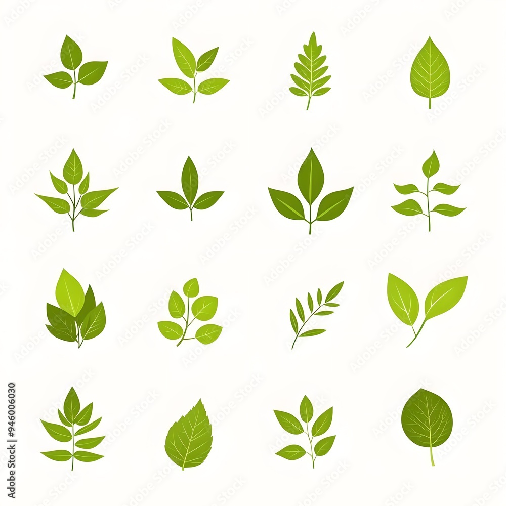 Set of green leaves icons on a white background. Vector illustration. Set of green leaves icons on a white background. Vector illustration.