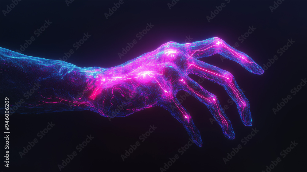 Solid neon background of dark colors. Neon hand with neural structure reaching out. High detail Solid neon background of dark colors. Neon hand with neural structure reaching out. High detail