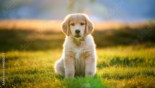 Cute Golden Retriever Puppy Sitting on Grass in a Beautiful Outdoor Setting