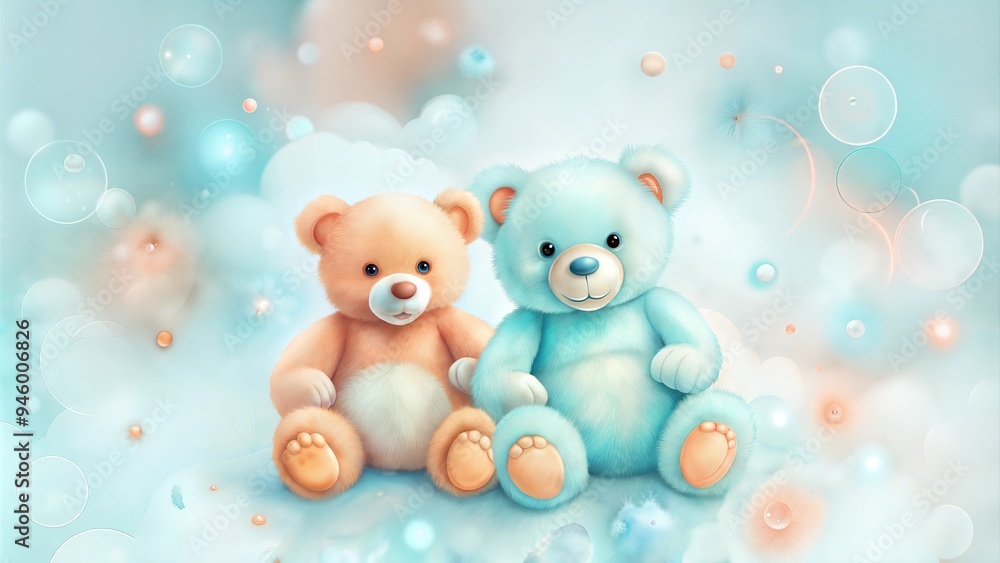 Two teddy bears sitting on pastel background Two teddy bears sitting on pastel background