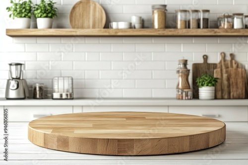 Empty beautiful round wood tabletop counter on interior in clean and bright kitchen background, Ready for display, Banner, for product montage , ai