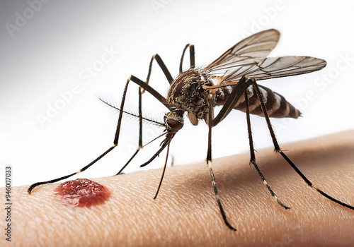 Mosquito-borne virus EEE. A close-up of a mosquito feeding on human skin, with its proboscis deeply embedded in the flesh. photo