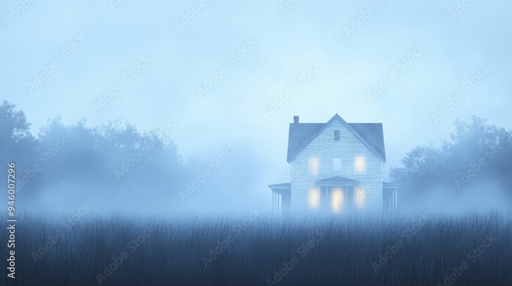 Ghastly Glow Emanating from an Abandoned House in a Nighttime Watercolor Design Ghastly Glow Emanating from an Abandoned House in a Nighttime Watercolor Design