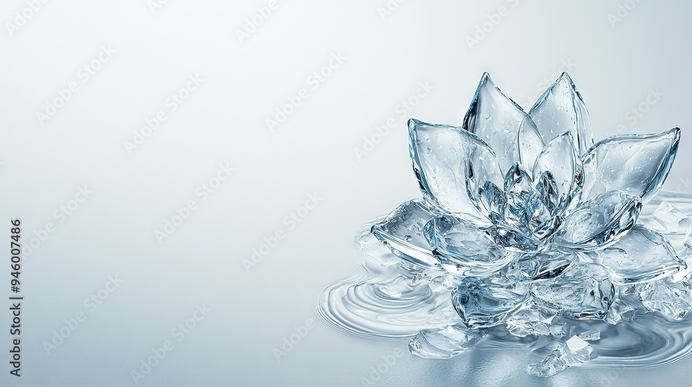A close-up of an ice cube flower on a reflective surface with water ripples A close-up of an ice cube flower on a reflective surface with water ripples
