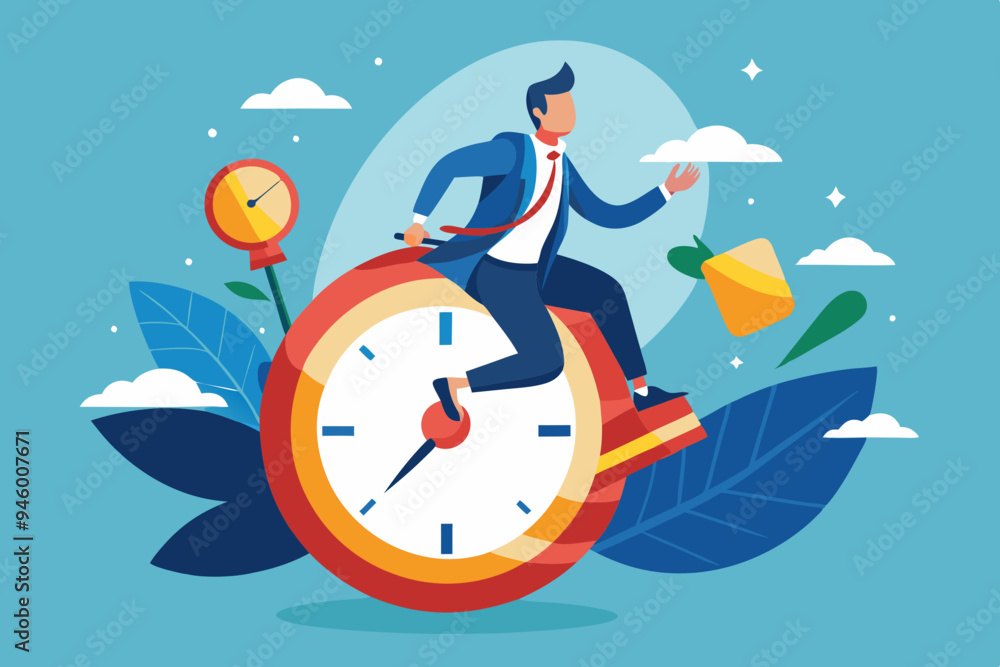 Time management, vision or effort to manage project and foresee problem or opportunity, work deadline or timer countdown, progress or development concept, businessman riding time passing clock.
Time management, vision or effort to manage project and foresee problem or opportunity, work deadline or timer countdown, progress or development concept, businessman riding time passing clock.