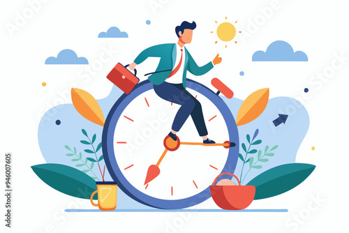 Time management, vision or effort to manage project and foresee problem or opportunity, work deadline or timer countdown, progress or development concept, businessman riding time passing clock.
