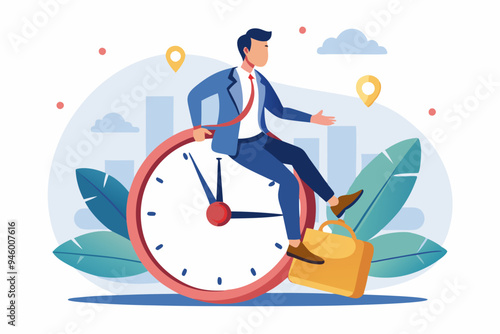 Time management, vision or effort to manage project and foresee problem or opportunity, work deadline or timer countdown, progress or development concept, businessman riding time passing clock.

