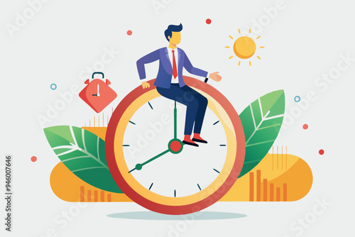 Time management, vision or effort to manage project and foresee problem or opportunity, work deadline or timer countdown, progress or development concept, businessman riding time passing clock.
