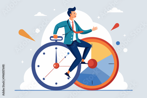 Time management, vision or effort to manage project and foresee problem or opportunity, work deadline or timer countdown, progress or development concept, businessman riding time passing clock.
