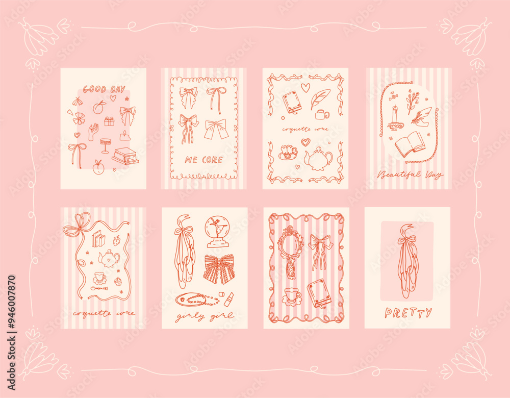 Collection of 8 coquette pink posters in charming girly trendy style. Vintage feminine cards with victorian accessories: bows, ribbons, feathers, mirrors, jewelry, décor. Soft beige and pink colors Collection of 8 coquette pink posters in charming girly trendy style. Vintage feminine cards with victorian accessories: bows, ribbons, feathers, mirrors, jewelry, décor. Soft beige and pink colors