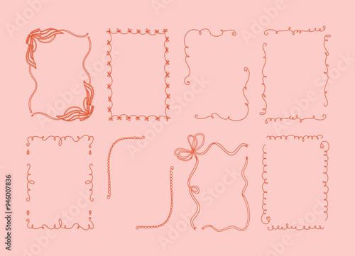 Collection of eight decorative whimsical frames in coquette style on a light pink background. A4 card size. Vector hand drawn graphic set