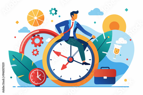 Time management, vision or effort to manage project and foresee problem or opportunity, work deadline or timer countdown, progress or development concept, businessman riding time passing clock.
