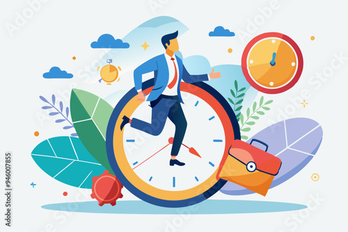 Time management, vision or effort to manage project and foresee problem or opportunity, work deadline or timer countdown, progress or development concept, businessman riding time passing clock.
