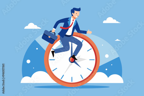 Time management, vision or effort to manage project and foresee problem or opportunity, work deadline or timer countdown, progress or development concept, businessman riding time passing clock.
