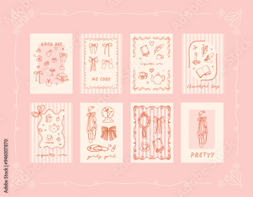 Collection of 8 coquette pink posters in charming girly trendy style. Vintage feminine cards with victorian accessories: bows, ribbons, feathers, mirrors, jewelry, décor. Soft beige and pink colors