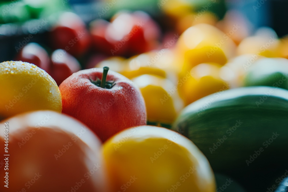 A close-up shot of various colorful fruits prominently featuring a vibrant red apple in focus. The fresh and wholesome assortment showcases the beauty of nature's bounty. A close-up shot of various colorful fruits prominently featuring a vibrant red apple in focus. The fresh and wholesome assortment showcases the beauty of nature's bounty.