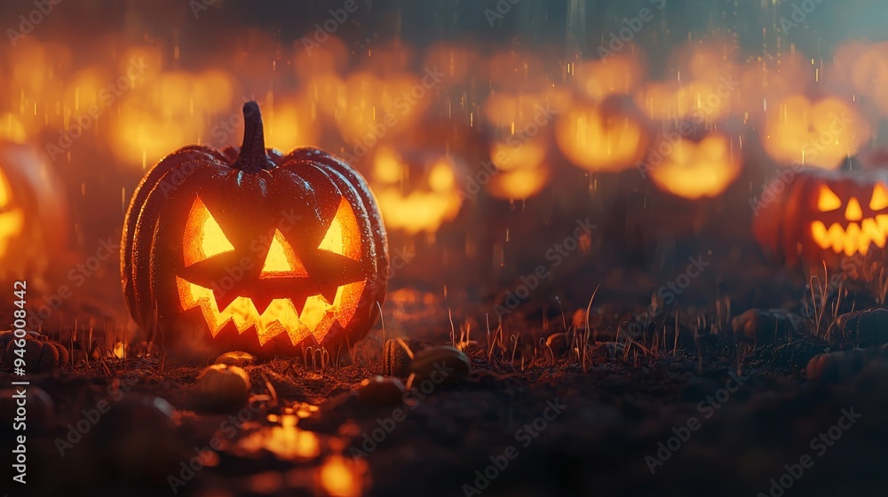 Fototapeta premium Glowing Jack o Lantern in Spooky Pumpkin Patch During Halloween Night