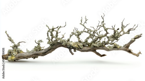 A twisted, lichen-covered branch showcasing natural textures and organic forms. photo