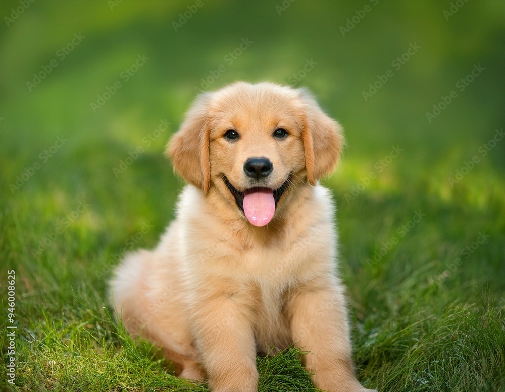 Golden Retriever Puppy Portrait A charming golden retriever puppy sits attentively, tongue lolling, against a blurred backdrop of green grass, radiating pure canine joy and innocence. Golden Retriever Puppy Portrait A charming golden retriever puppy sits attentively, tongue lolling, against a blurred backdrop of green grass, radiating pure canine joy and innocence.