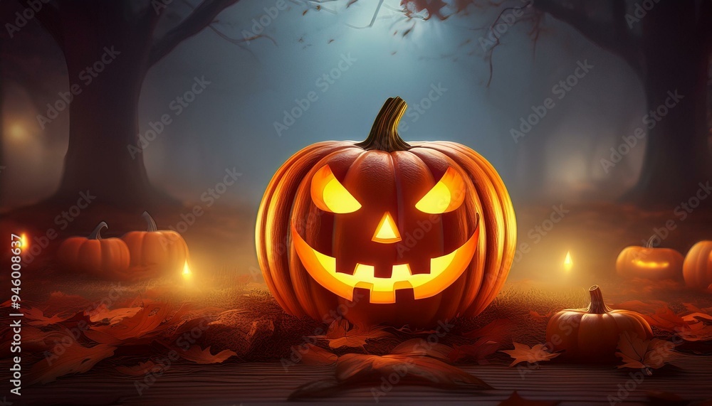 Glowing Jack-o'-lantern in a spooky setting. A sinister carved pumpkin emits a warm glow among a backdrop of fog, fallen leaves, and eerie light, conveying a Halloween theme. Glowing Jack-o'-lantern in a spooky setting. A sinister carved pumpkin emits a warm glow among a backdrop of fog, fallen leaves, and eerie light, conveying a Halloween theme.
