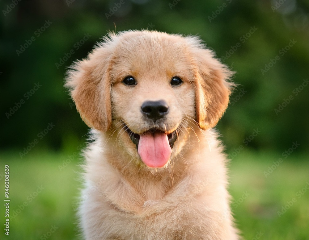 Golden Retriever Puppy Portrait A charming golden retriever puppy sits attentively, tongue lolling, against a blurred backdrop of green grass, radiating pure canine joy and innocence. Golden Retriever Puppy Portrait A charming golden retriever puppy sits attentively, tongue lolling, against a blurred backdrop of green grass, radiating pure canine joy and innocence.