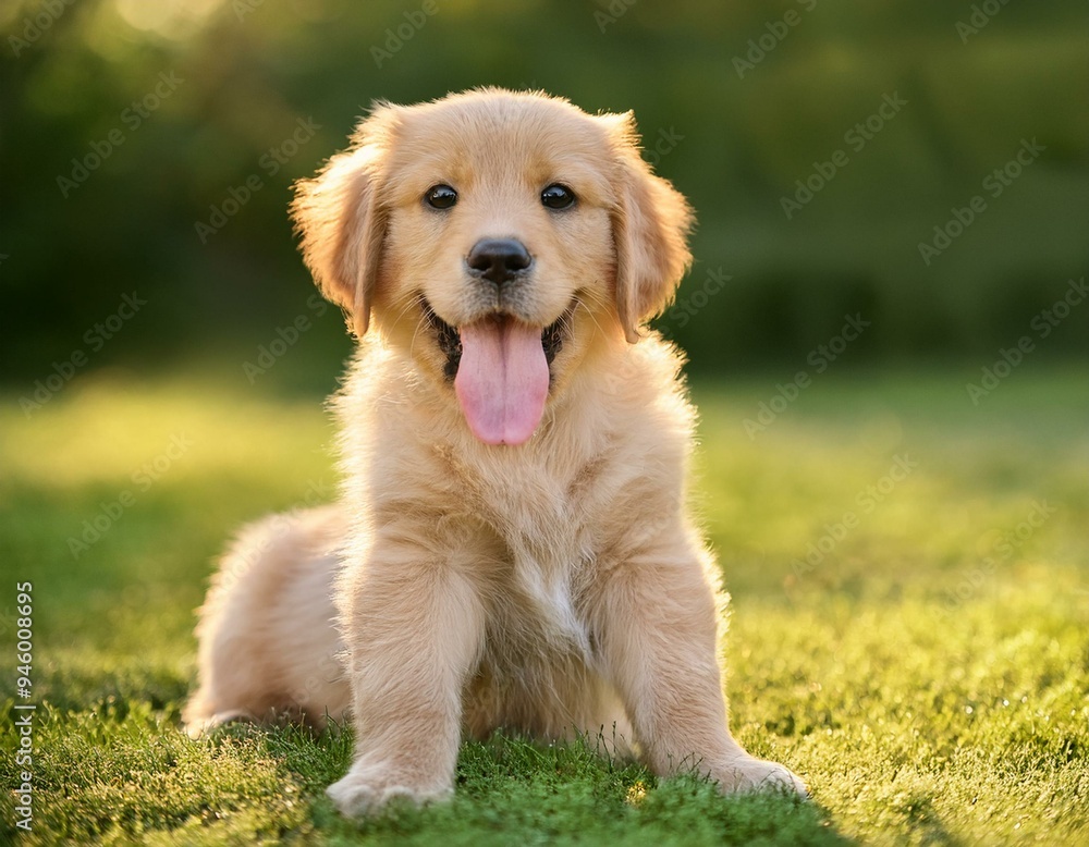 Golden Retriever Puppy Portrait A charming golden retriever puppy sits attentively, tongue lolling, against a blurred backdrop of green grass, radiating pure canine joy and innocence. Golden Retriever Puppy Portrait A charming golden retriever puppy sits attentively, tongue lolling, against a blurred backdrop of green grass, radiating pure canine joy and innocence.
