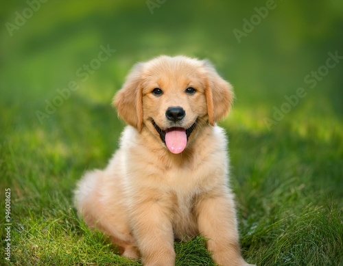 Golden Retriever Puppy Portrait A charming golden retriever puppy sits attentively, tongue lolling, against a blurred backdrop of green grass, radiating pure canine joy and innocence.