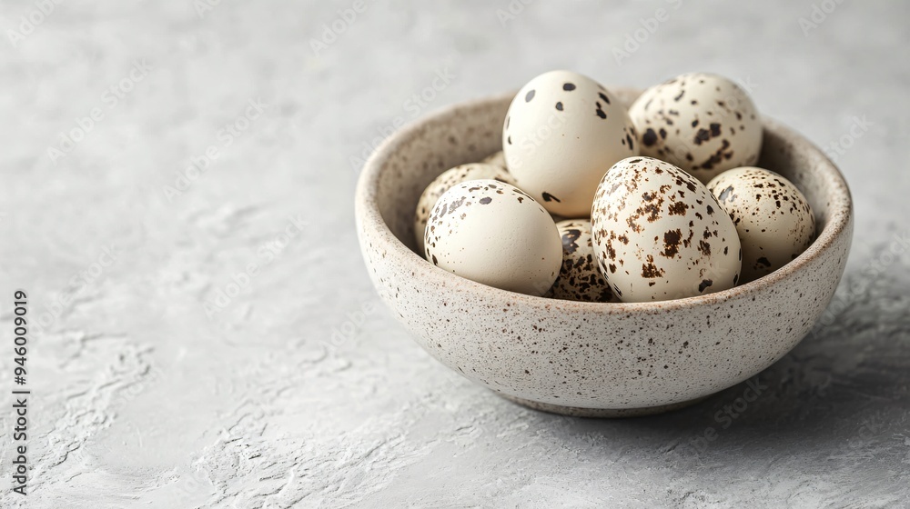 Fresh Quail Eggs in Bowl on Light Grey Table with Copy Space Fresh Quail Eggs in Bowl on Light Grey Table with Copy Space