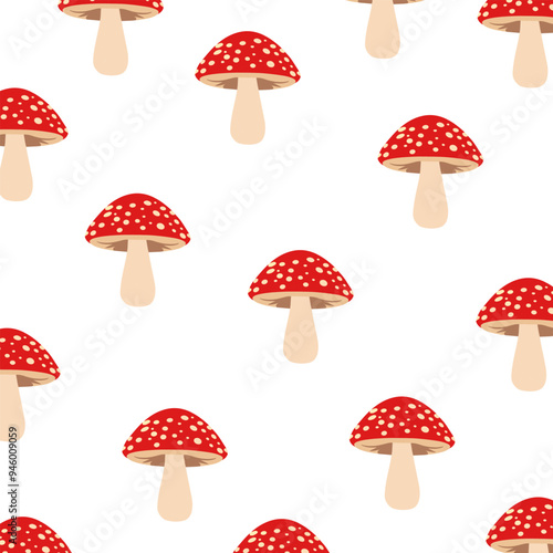 Seamless pattern with hand drawn red fly agaric mushrooms. Vector illustration isolated on white background.