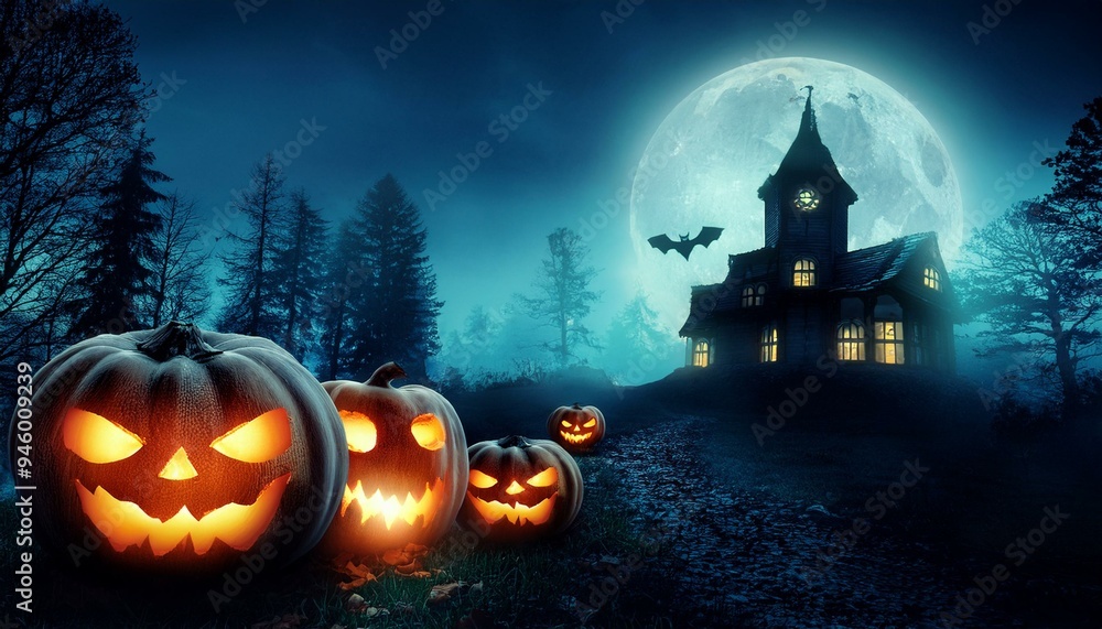 Halloween background with pumpkins and haunted house. Halloween pumpkins in the forest at night.Halloween background with Evil Pumpkin. Spooky scary dark Night forrest. Halloween background with pumpkins and haunted house. Halloween pumpkins in the forest at night.Halloween background with Evil Pumpkin. Spooky scary dark Night forrest.