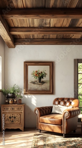 Cozy and Elegant Rustic Farmhouse Living Room Scene with Wooden Ceiling Beams Leather Armchair Vintage Side Cabinet and Ornate Wooden Frame Mockup with Still Life Painting in Natural Daylight