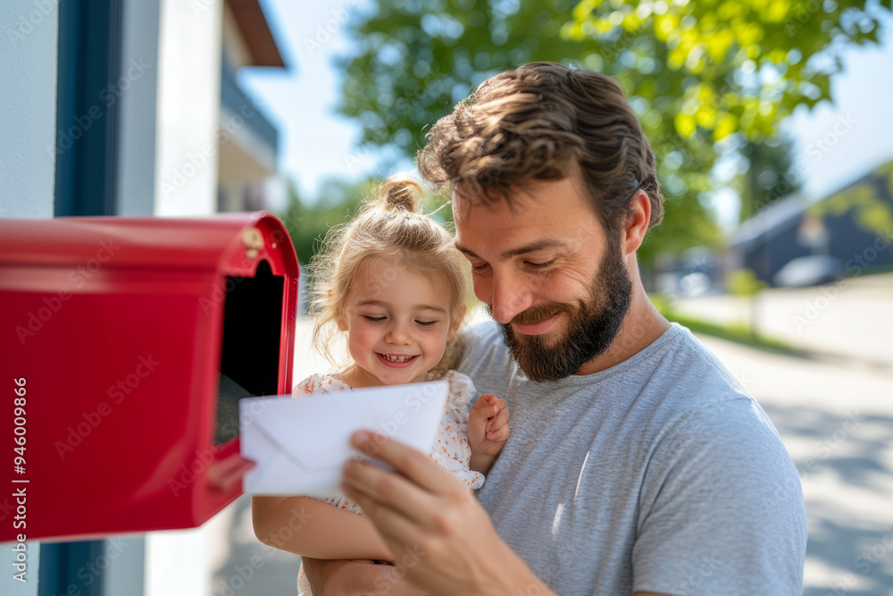 Naklejka premium Father and daughter checking mail at red mailbox