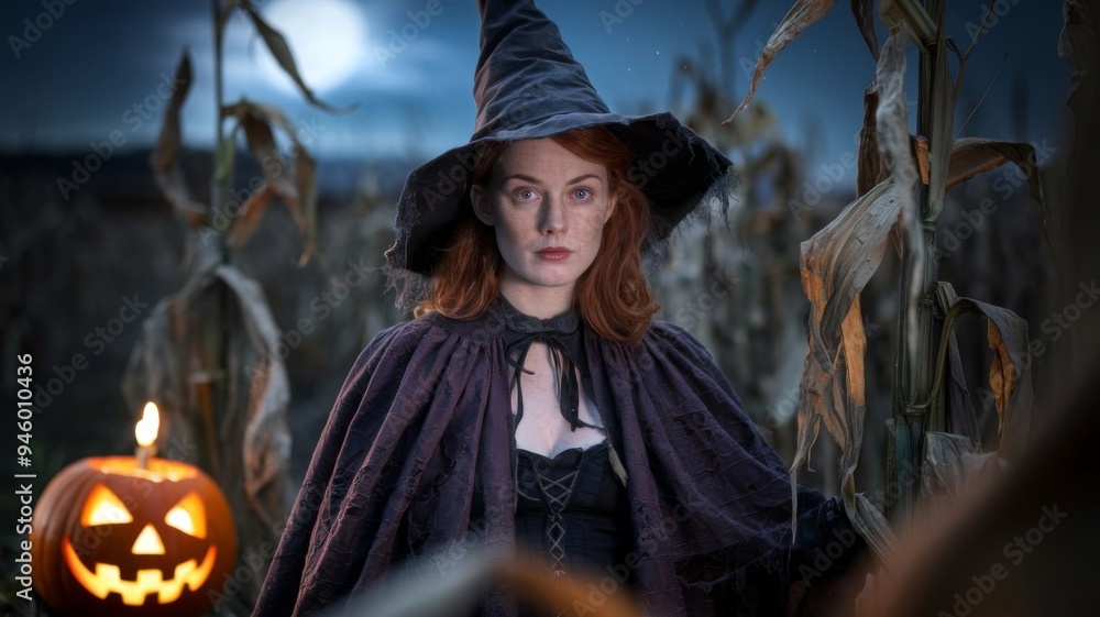 Obraz premium Cinematic Halloween scene featuring a young woman dressed as a witch, wearing a pointed hat and dark cloak, standing in a spooky cornfield with a carved jack-o'-lantern, under the moonlit sky