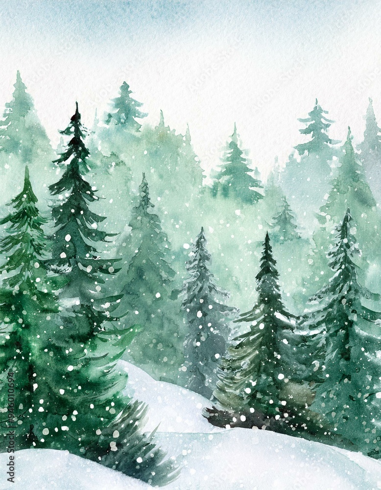 Fototapeta premium Watercolor landscape of foggy forest hill. Evergreen coniferous trees. Wild nature, frozen, misty, taiga. Horizontal watercolor background.