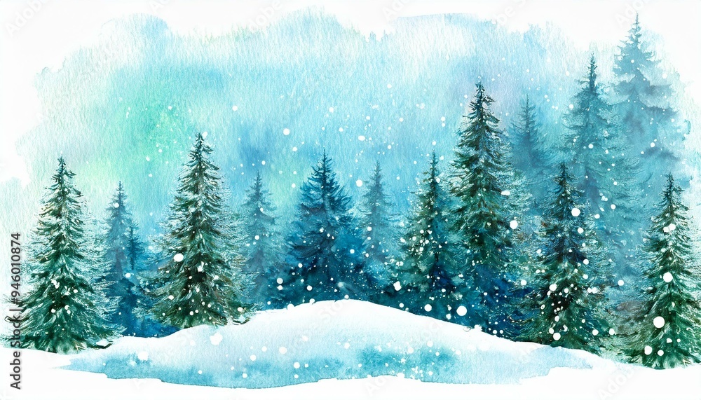 Fototapeta premium Watercolor landscape of foggy forest hill. Evergreen coniferous trees. Wild nature, frozen, misty, taiga. Horizontal watercolor background.