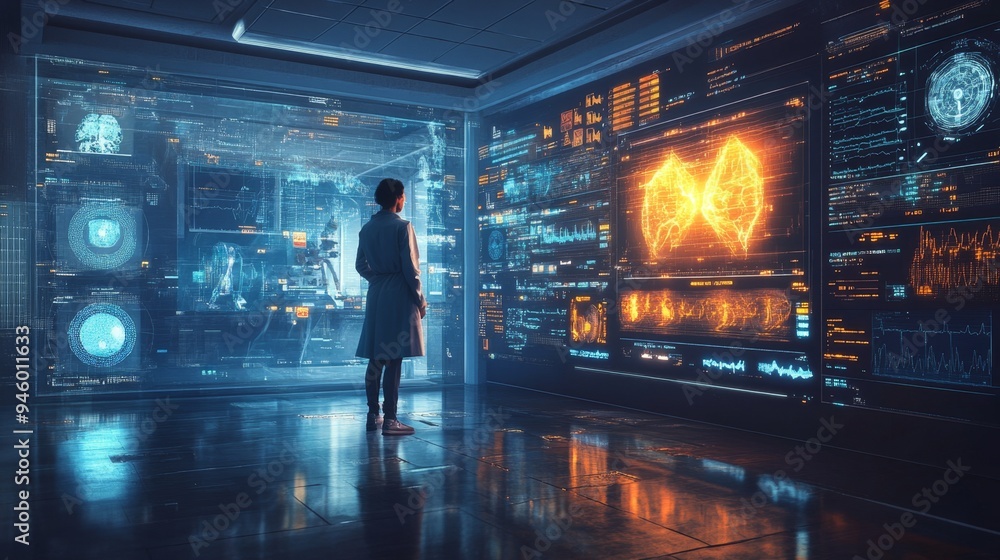 Futuristic Medical Data Analysis Woman in Lab Coat Examining Digital Displays with Lungs and Brain Scans Futuristic Medical Data Analysis Woman in Lab Coat Examining Digital Displays with Lungs and Brain Scans